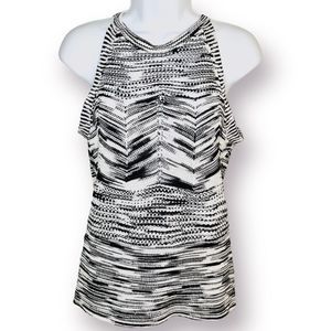 Elie Tahari Cotton Open Knit Halter Neck Sleeveless Sweater Marled Black White M